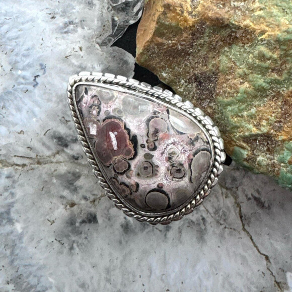 Sterling Southwestern Style Teardrop Leopard Skin Jasper Ring Sz 7.75 For Women - Picture 1 of 10